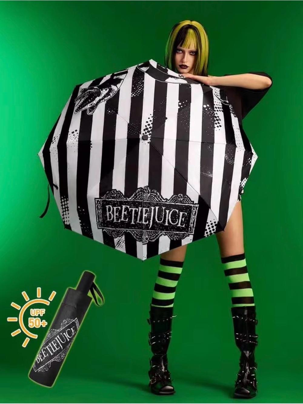 Beetle juice Black & White Striped Umbrella -NEW